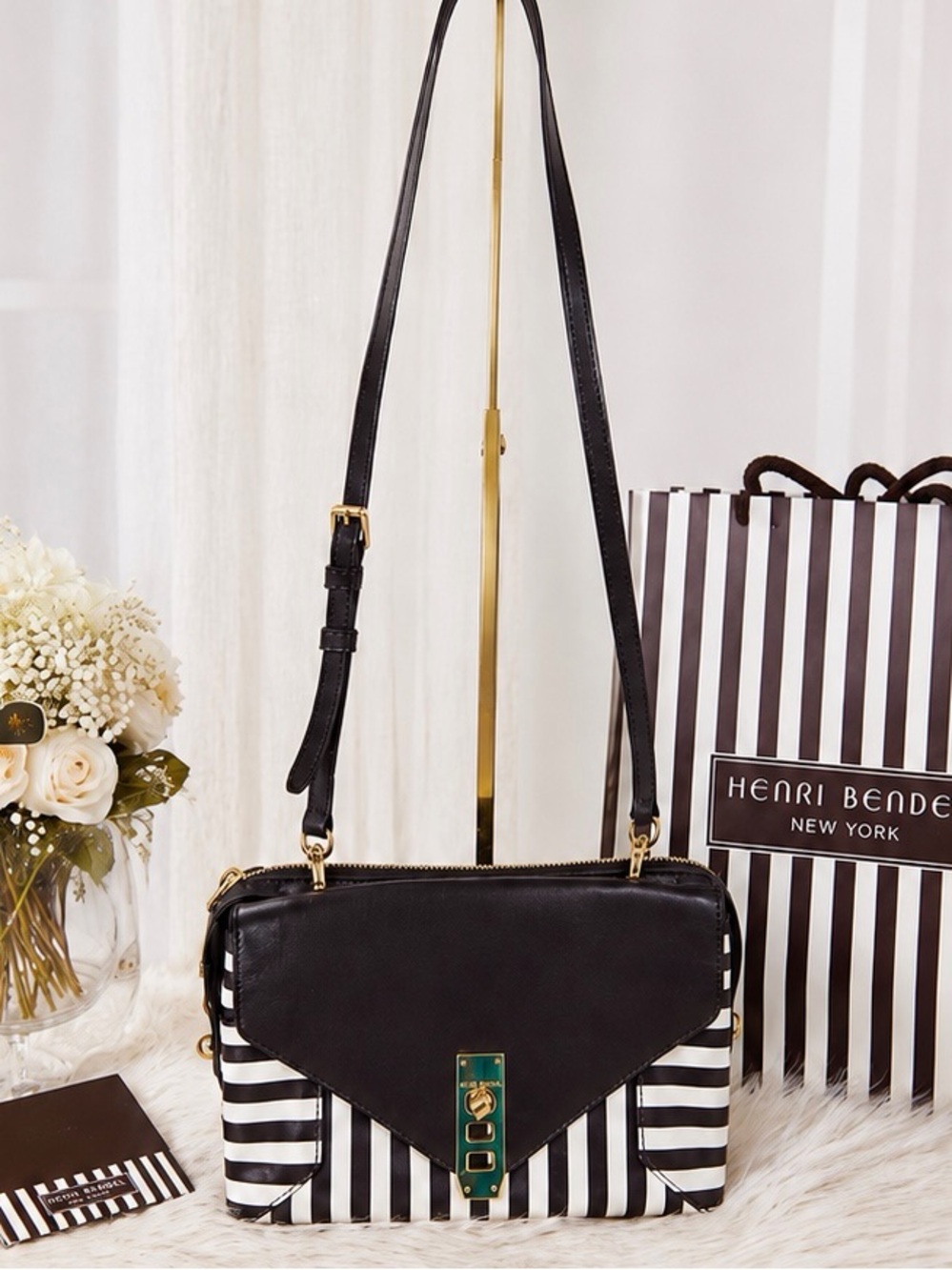 Henri Bendel Brown & White Striped Crossbody Bag with Gold Hardware